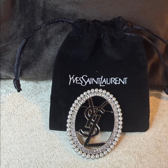 Yves Saint Laurent Jewelry - Vintage YSL Silver Tone Brooch with Crystals and Faux Pearls 2”